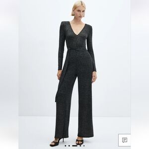 Mango Lurex Sparkle Black Silver Long Sleeve Jumpsuit 1X new
